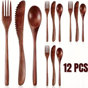 12/ 24pcs Wooden Utensils for Eating Wooden Spoon Fork Knife Cutlery Set Kitchen Wood Dinner Flatware Tableware Set Includes Wood Spoon, Fork, Knife
