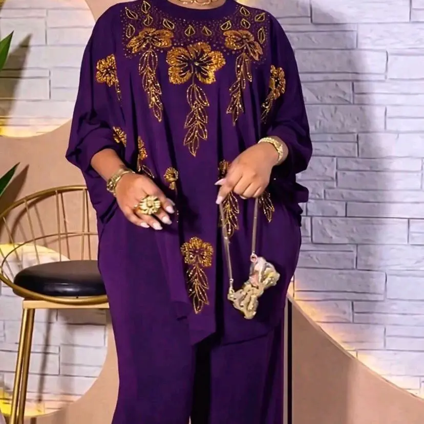Purple Elegant Top and Paint Matching Set with Gold Embroidery and Matching Pants