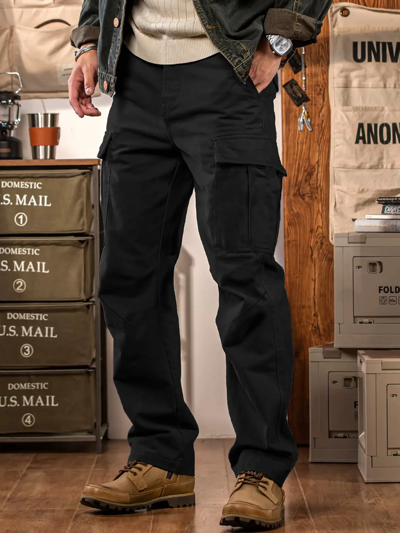 Men’s Loose-Fit Mid-Waist Polyester Cargo Pants - Casual Retro Multi-Pocket Trousers for Autumn/Winter Daily Commuting, Outdoor Sports Menswear Workwear
