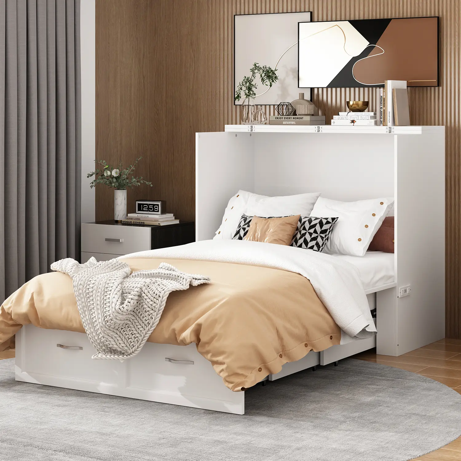 FUFU&GAGA Twin Murphy Bed with Built-In Charging Station 2-in-1 Cabinet Bed & Chest Large Storage Drawer Space-Saving Foldable for Bedroom Office