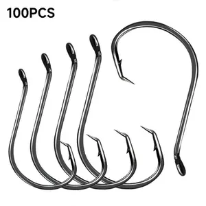 100pcs Circle Hooks Fishing Hooks 2X Strong Offset Hooks Saltwater Black High Carbon Steel Octopus Catfish Fishing Gear Tackle Outdoor