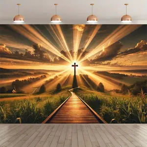[Gospel Light Backdrop Tapestry] 1pc Durable Polyester Gospel Light Photography Backdrop Tapestry | Religious Sunrise Cross Design, Indoor/Outdoor Banner for Studio Props, Holiday Party & Birthday Decorations, Religious Wall Art