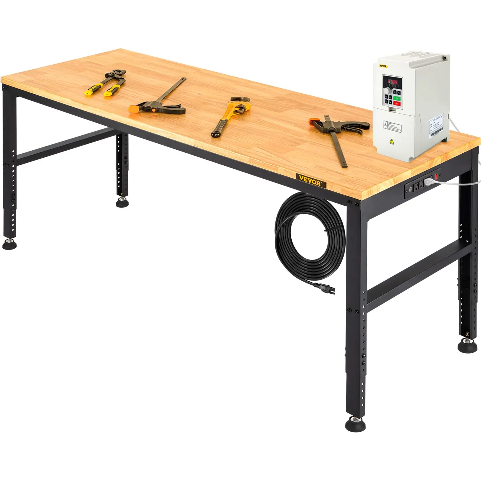 【summerfinds】VEVOR Workbench Adjustable Height, 61\" x 20\" Garage Table with 27.1\" - 36\" Heights & 2000 LBS Load Capacity, with Power Outlets & Hardwood Top & Metal Frame & Foot Pads, for Workshop Office Home