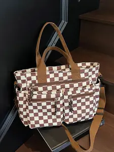 large capacity shoulder bag, Casual crossbody bags, simple and casual color blocked retro crossbody bag, niche design checkerboard pattern hand in hand bag, suitable for shopping, commuting, attending classes, Colorblock Pattern Bag, Checkered Pattern Bag