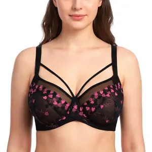 HSIA Renna Sheer Mesh Lace Embroidery Underwire Bra Sexy Heart Bow Applique 3/4 Cup Lifting Support Lightweight Mesh Bra Flirty Decorative Straps Comfort Fit Daily Lingerie Date Night Party Bras for Big Bust Women