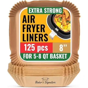 Air Fryer Paper Liners, 125Pcs Air Fryer Disposable Liners, Non-Stick and Oil Proof for Easy Cleanup, 8” Square for 5-8 qt Basket by Baker's Signature