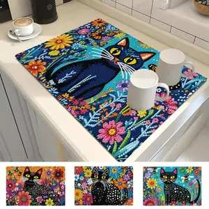 4pcs Diamond Painting Coasters Set Black Cat Design Non Slip Heat Resistant Table Mats for Dining Table Kitchen Coffee Cup Party Decor Cute Home Decor Gifts for Women Cat Lovers Christmas