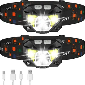 KNL 2-Pack Rechargeable High-Power Headlamps, Mini Portable Dual Headed Longbeam LED Headlamp Flashlights with White/Red Light, Waterproof Motion Sensor Strobe Headlights, 8 Modes for Outdoor Camping Hiking, Dual Headed Headlamps