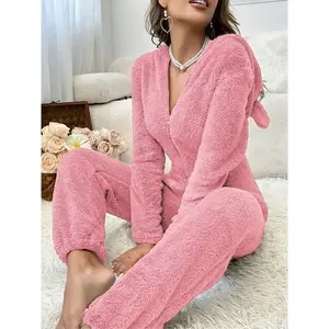Women's Hooded Plush Onesie Pajamas with Ear Design, Soft & Cozy Fitted Winter Sleepwear, Ladies Loungewear for Home Use