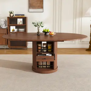 Farmhouse 59"-Extendable Oval Dining Room Table for 4-6, Space-Saving Expandable Kitchen Table with 2-Tier Storage, Walnut Brown MDF Finish, Pedestal Base, Easy Assembly - TK Hot Pick