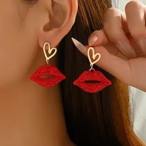 French-style new red lips heart-shaped sexy earrings with gemstone inlay, elegant and fun party holiday earrings, a gift for a girlfriend
