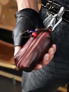 1 PC Vintage Leather Wallet with Zipper Key Holder, Mini Waist Bag for Men and Women, Genuine Cowhide Car Key Organizer, Unisex Accessory, Car Key Cover