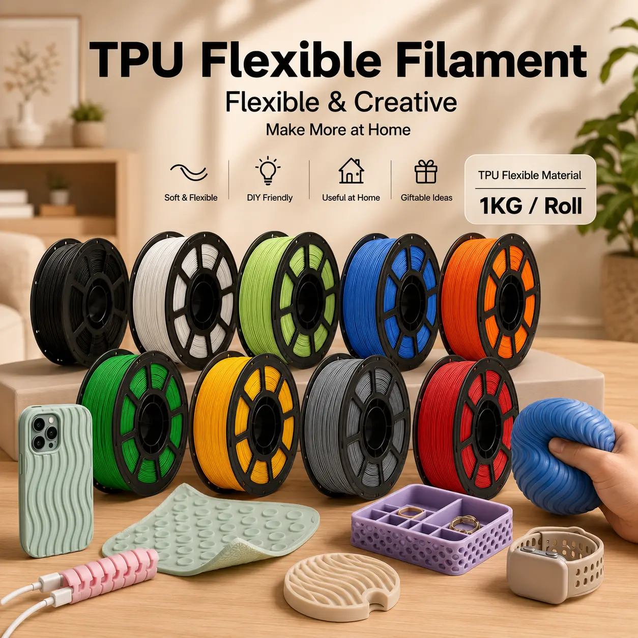 FILAZOO Soft Flexible TPU 3D Printer Filament 1KG, DIY Custom Phone Case Cable Protector Watch Band, Desk Tech Organizer Printing Material
