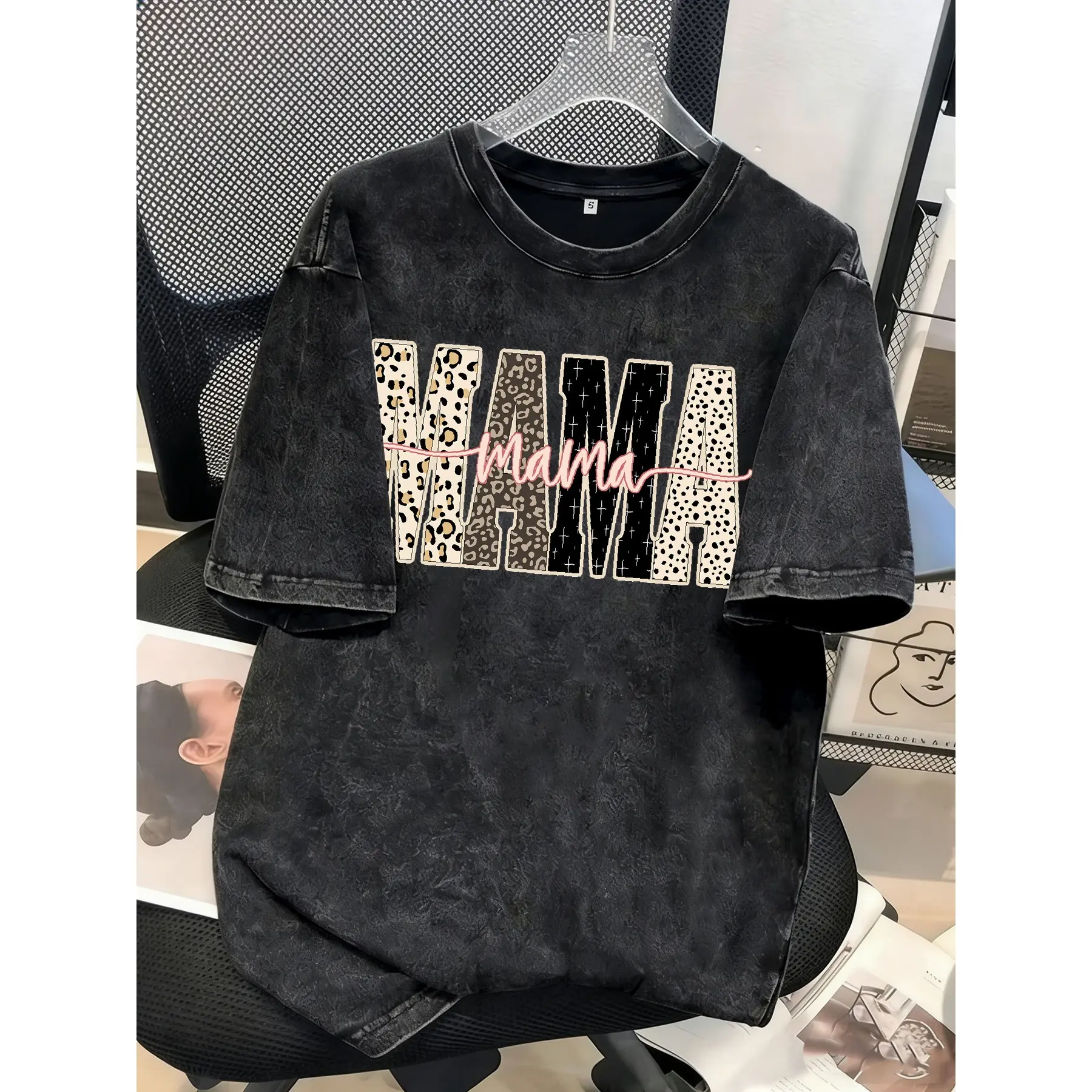 Women's 230g Washed Soft Cotton Crew Round Neck Short Sleeve Casual T-Shirt - Black Distressed, Bold Leopard Print "Bold Mama" Graphic, Oversized Loose Knit Elastic, Street Chic Breathable Summer Streetwear Top