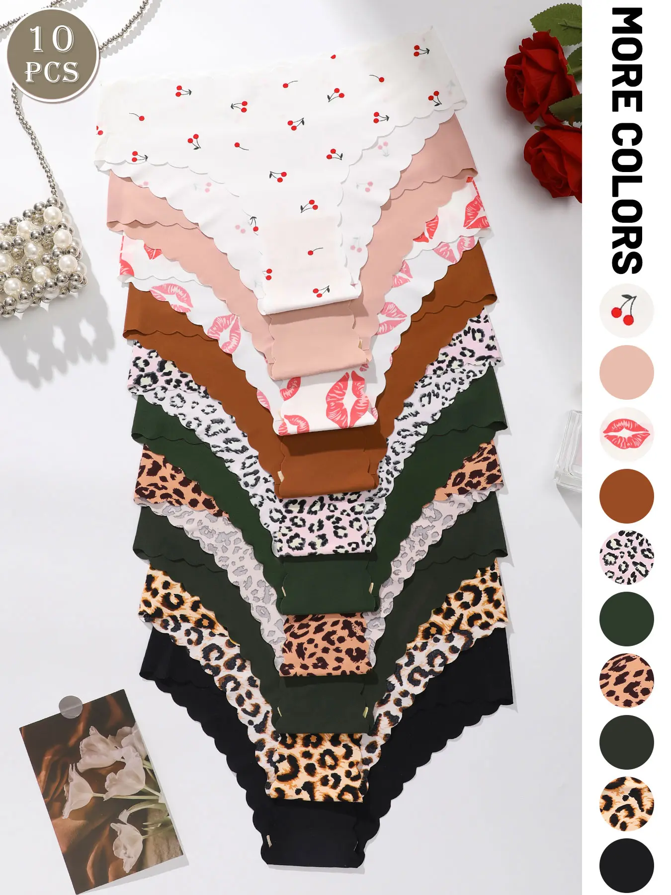 10-piece set of women's underwear, low-waisted women's triangle briefs, Daily Panties, with wavy edges, featuring leopard print, cherry print, and various solid colors, suitable for casual sports and daily wear all year round