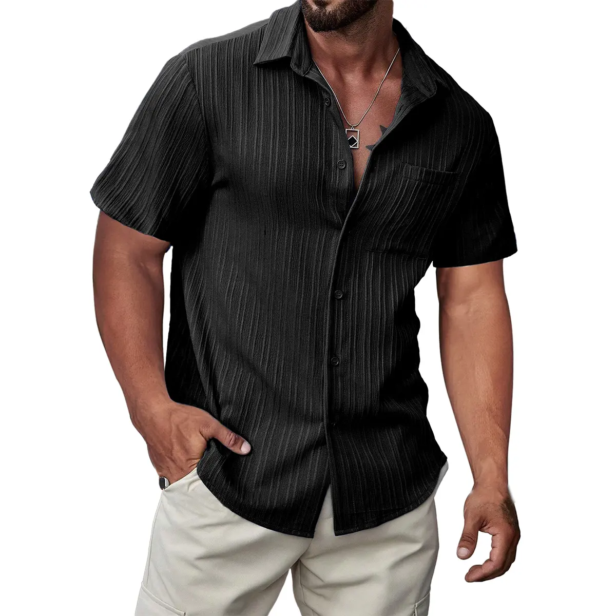 Hawaiian Shirt for Men Button Down Short Sleeve Shirts Textured Casual Summer Beach Shirts with Pocket Shortsleeve Menswear Top