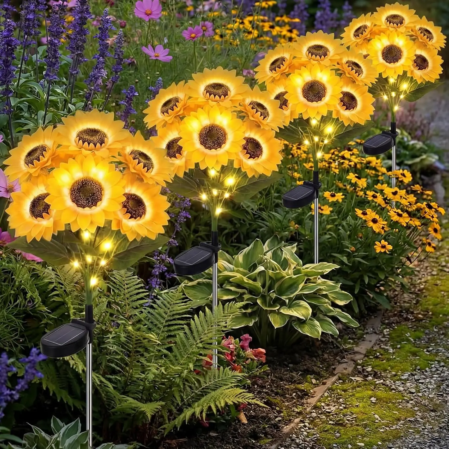 Solar LED Patio Artificial Sunflower Stake Decor Lamps - Waterproof, 0-5W Warm White Light, Mom Gifts for Mother’s Day/Birthday, Outdoor Home & Watch Party Ornaments (2-Pack=12 Units, 4-Pack=24 Units)