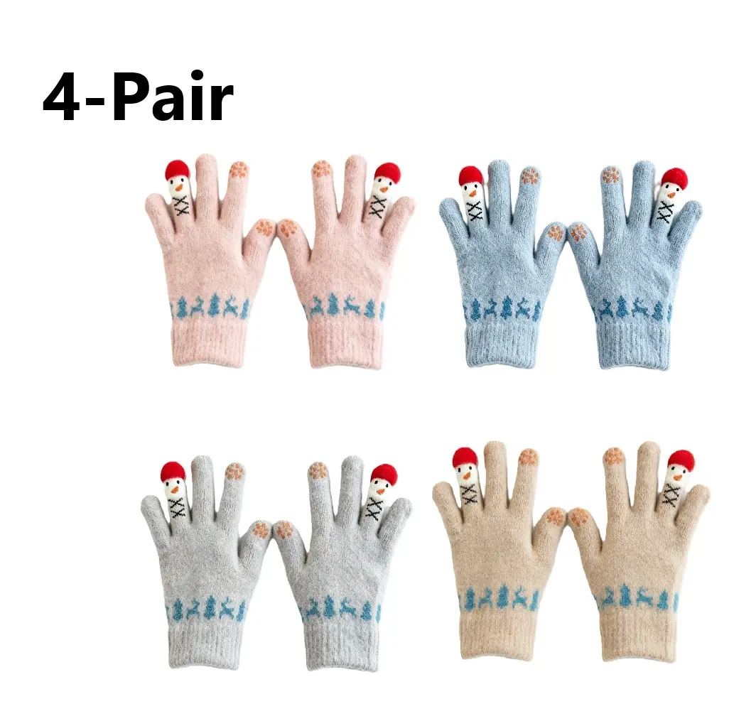 Women's 4-Pair Thermal Knit Gloves - Cute Cartoon Bear & Snowman Design, Fleece-Lined, Touchscreen-Compatible, Windproof, Warm, Ideal for Winter Cycling Sports & Outdoor Use