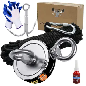 Magnet Fishing Kit 760 LBS Pulling Power with Grappling Hook, Heavy Duty Rope, Gloves & Carabiner Threadlocker Included, 2.36" Diameter Magnets