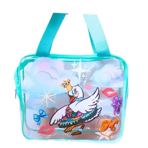 Cute Swan Makeup Bag PVC - Character Design with Blue Handles, Fun Cloud and Starry Sky Pattern, Ideal for Everyday Use
