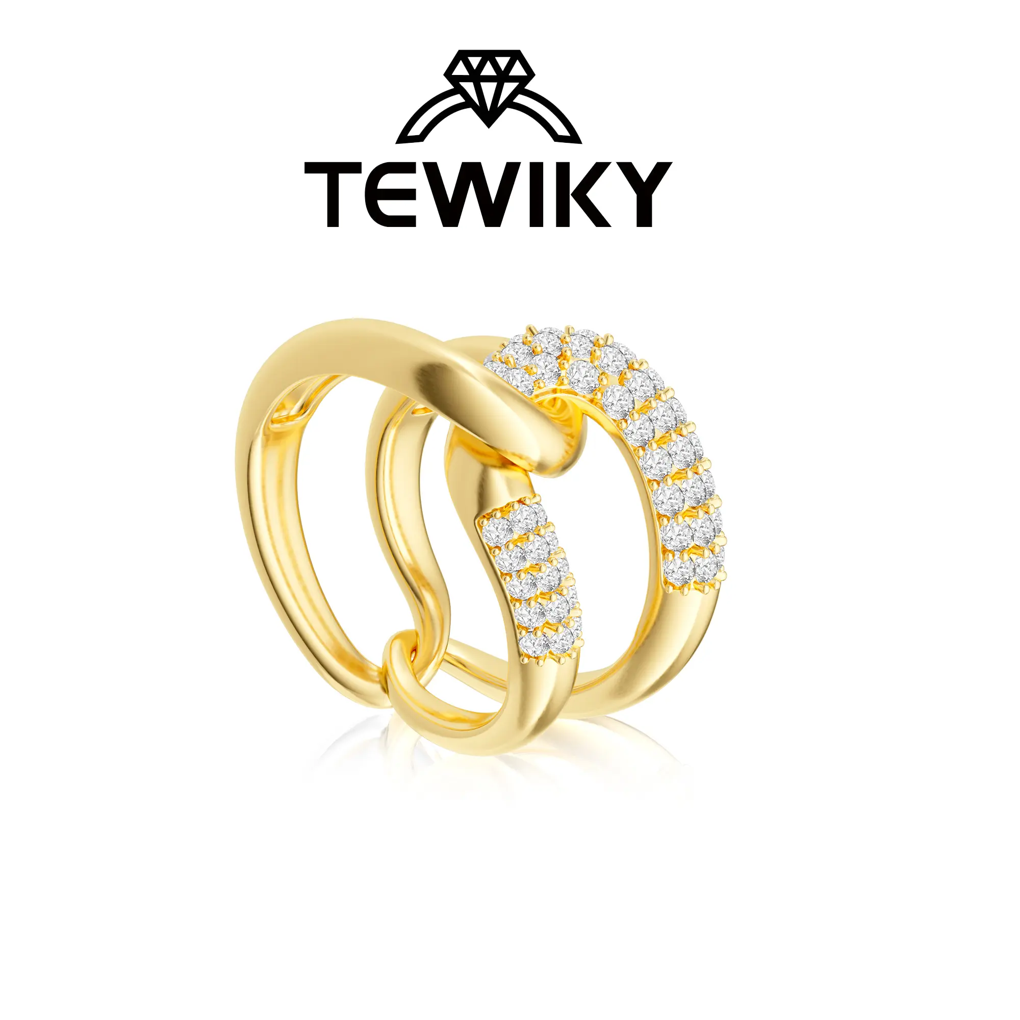 TEWIKY Gold Ring for Women, 2-Tone Interlocking Knot Stacking Band with Double Row Cubic Zirconia, Affordable Fashion Jewelry, Artificial Gemstone Ring, Stacking Ring Set
