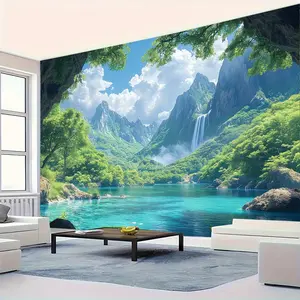 1pc Extra Large Tapestry - Tropical waterfall, Lush Greenery & Turquoise Waters - No Installation Needed, Easy Hang Wall Decor for Living Room, Bedroom, Party Backdrop, Photo Shoot - Durable Polyester Fabric Nature Scene Wallpaper Replacement, Lake Theme