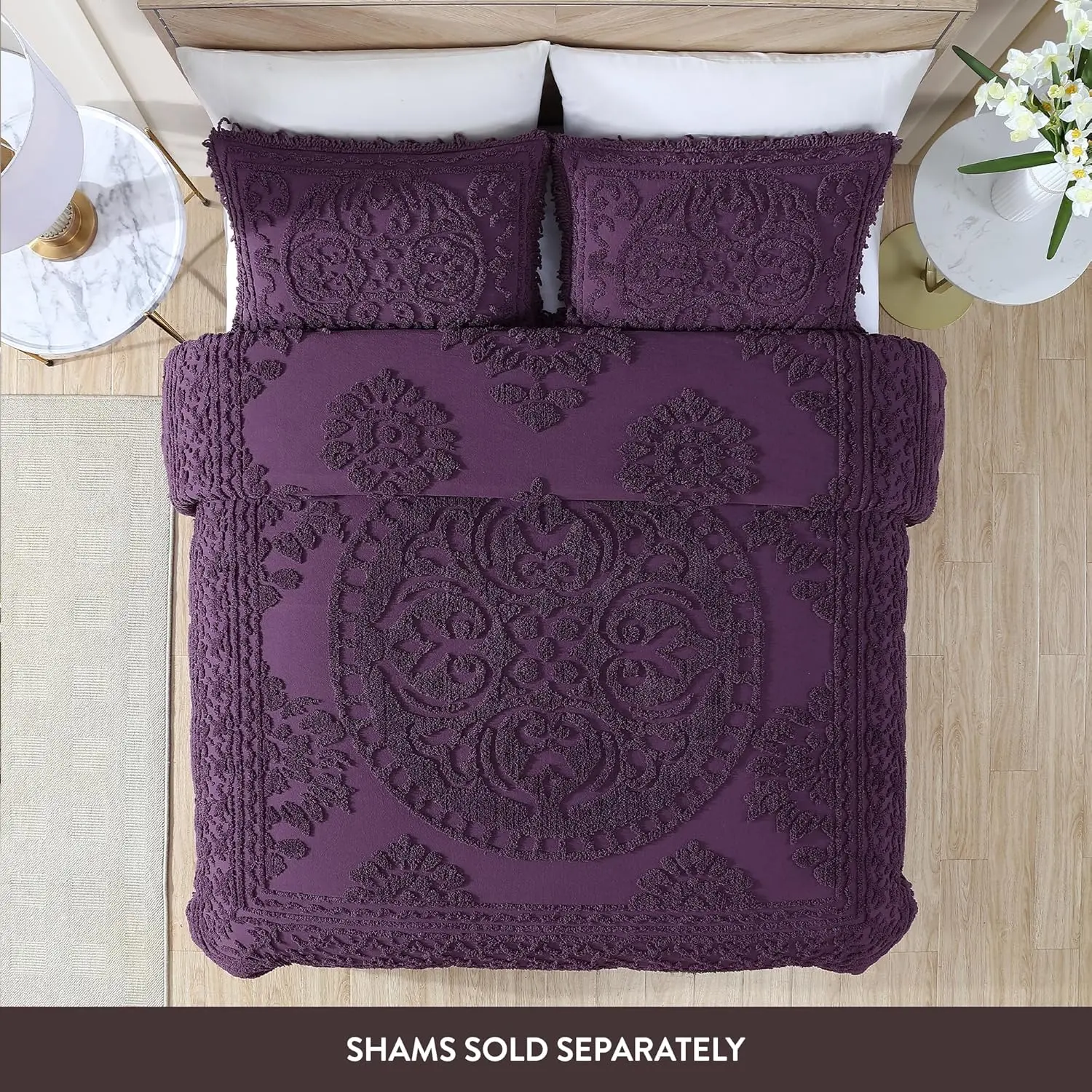 Medallion Print Chenille Bedspread - King Size, Eggplant, Vintage Charm, Bottom Bell Corners, Durable Bedding Coverlet