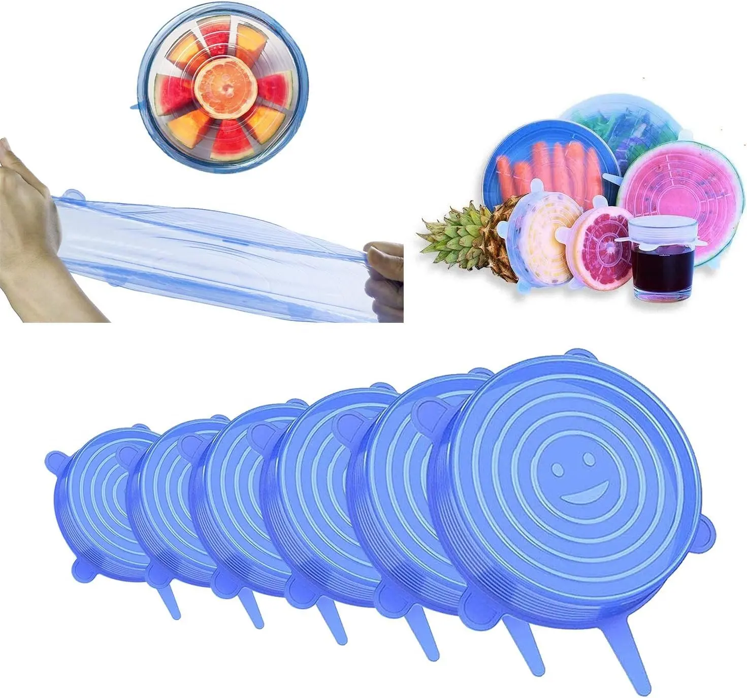 Silicone Stretch lids set, 6 Sizes, Reusable Food Storage Covers ，Silicone Bowl Covers，Flexible to Fit All Shape of Containers，Food Cover to Keep Food Fresh (6 PCS,blue)