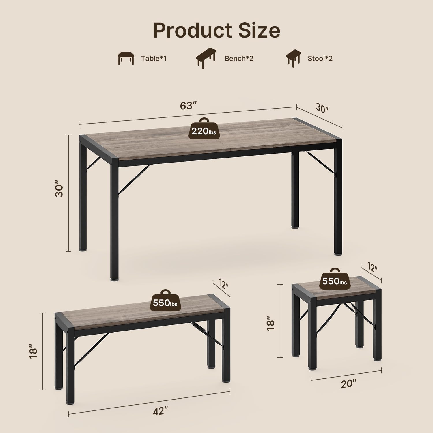 Gizoon 63" Dining Room Table Set for 6 Kitchen Table with 2 Benches and 2 Stools Dining Table Set with Metal Frame Space-Saving Kitchen Table Set for Apartment Furniture Gizoon 63" Dining Room Table Set for 6 Kitchen Table with 2 Benches and 2 Stools Dining Table Set with Metal Frame Space-Saving Kitchen Table Set for Apartment Furniture