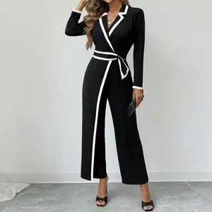 Live Only ChicMe Color-blocked jumpsuit with cutout collar and padded shoulders work jumpsuit casual zippered back wrap-around jumpsuit