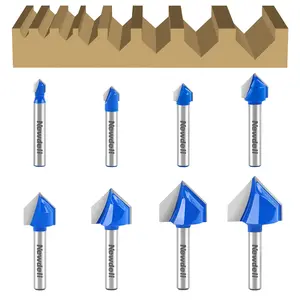 8Pcs 90 Degree V Groove Router Bit Set 1/4-Inch Shank - 1/4", 5/16", 3/8", 1/2", 5/8", 3/4", 7/8", 1" - Carbide-Tipped 2-Flute Engraving Bits Woodworking Chamfer Bevel Cutter Tool