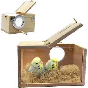 Parakeet Nesting Box, 7.87 X 4.72 X 4.72 inch Transparent Bird Nest Breeding Box with Perch Parrot Mating Box Wood Bird House Aviary for cage (S Horizontal Transparent+Wood)