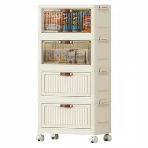 Foldable Storage Bins with Lids – 4/5/6 Tier Stackable Home Storage Cabinet Organizer, Stylish Magnetic-Door Plastic Containers with Wheels, Easy to Assemble for Bathroom Bedroom Kitchen Living Room Pantry Closet Office Dorm, Collapsible Storage Box