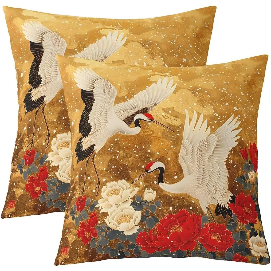 Crane Cushion Covers Floral Bird Throw Pillow Covers Women Peony Japanese Ukiyo-E Red Yellow Retro Cushion Cases Soft Decorativ