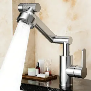 1080° Swivel Washbasin Faucet, Height Adjustable Single Hole Bathroom Vanity Faucet, Waterfall Style with Single Handle, 4 Spout Patterns & 2 Hoses