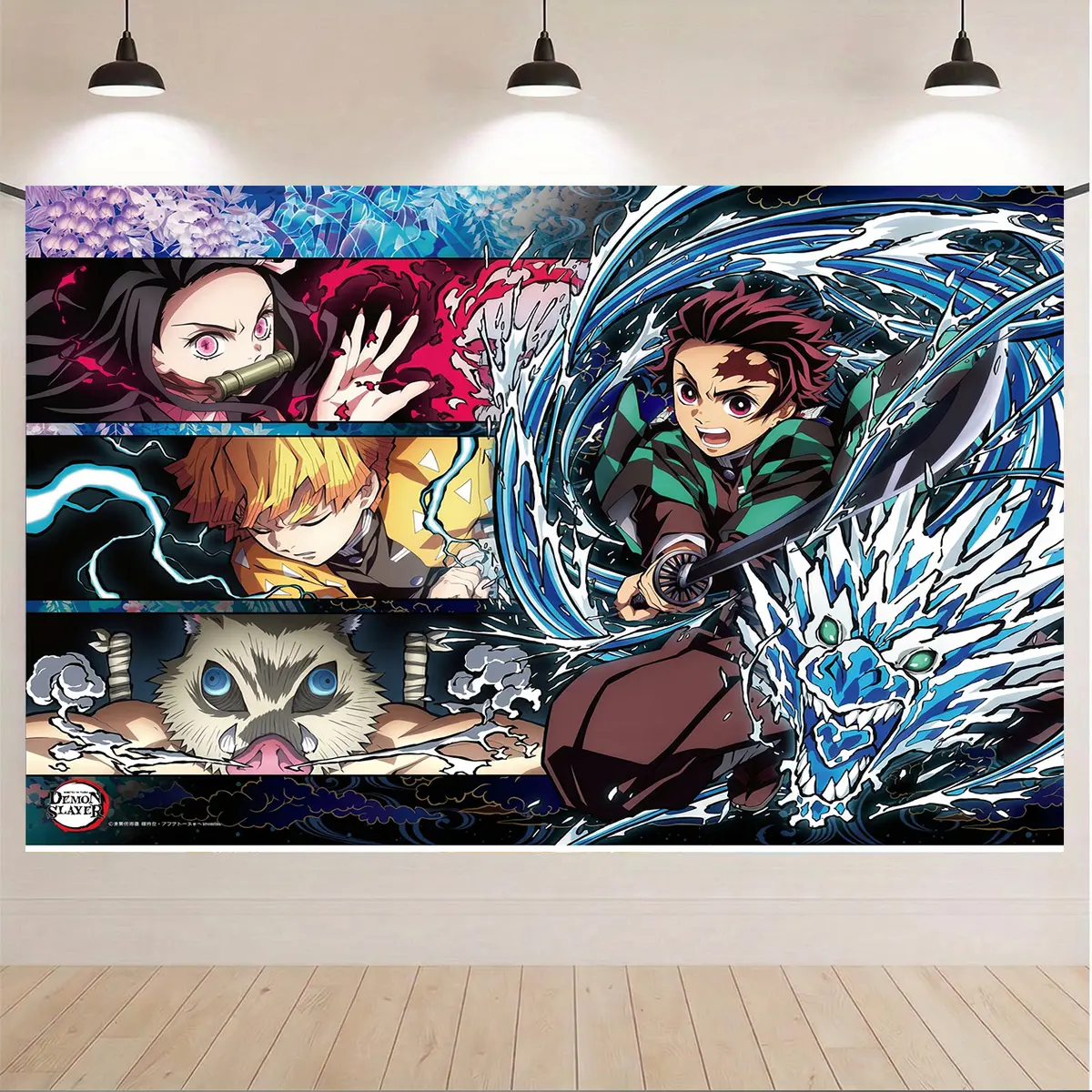 Demon Slayer Tanjiro Nezuko Anime Print Tapestry, Lightweight Polyester Fiber Wall Hanging with Sword Breathing Style Epic Battle Scene, Photo Backdrop for Party Decor, Traceless Hang
