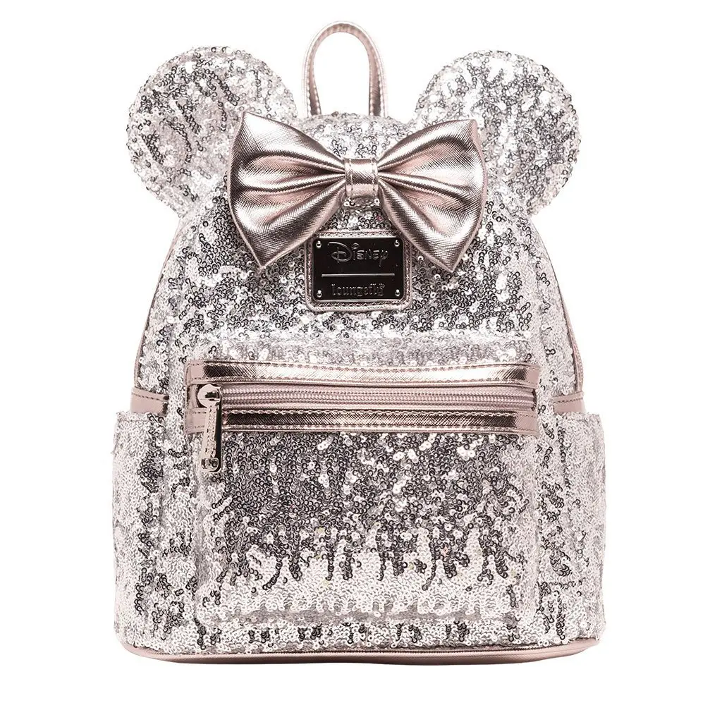 Loungefly Disney Minnie Mouse Silver Sequin Faux Leather Mini Backpack for Women, Casual Everyday Carry with Adjustable Strap, Female, Casual Wear