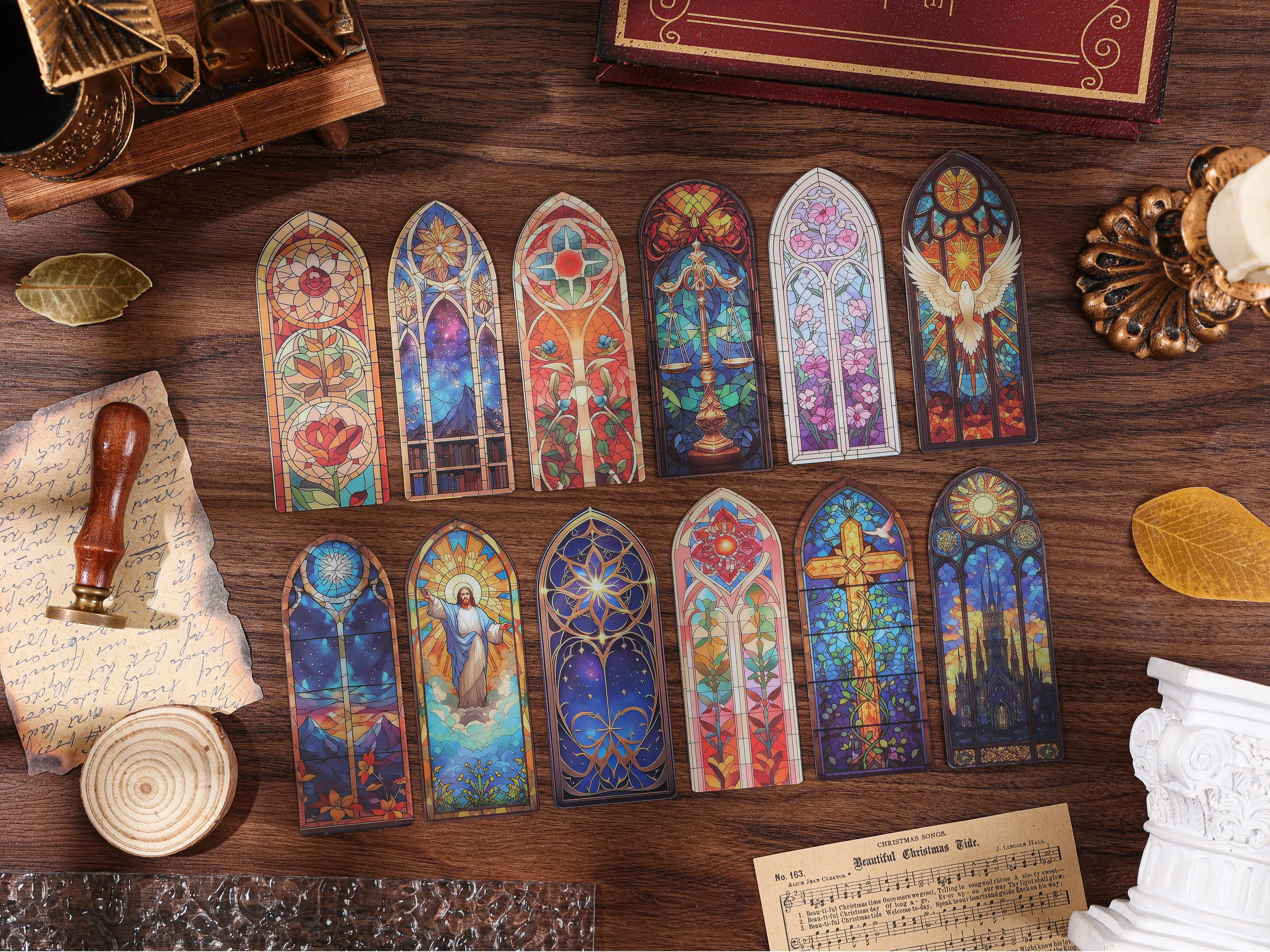 12-Piece Stained Glass Theme PET Collectible Bookmarks Set, Lightweight Church Window Artistic Office Stationery for Teenage Readers & Girls, Thoughtful Christmas New Year Birthday Gift for Book Lovers