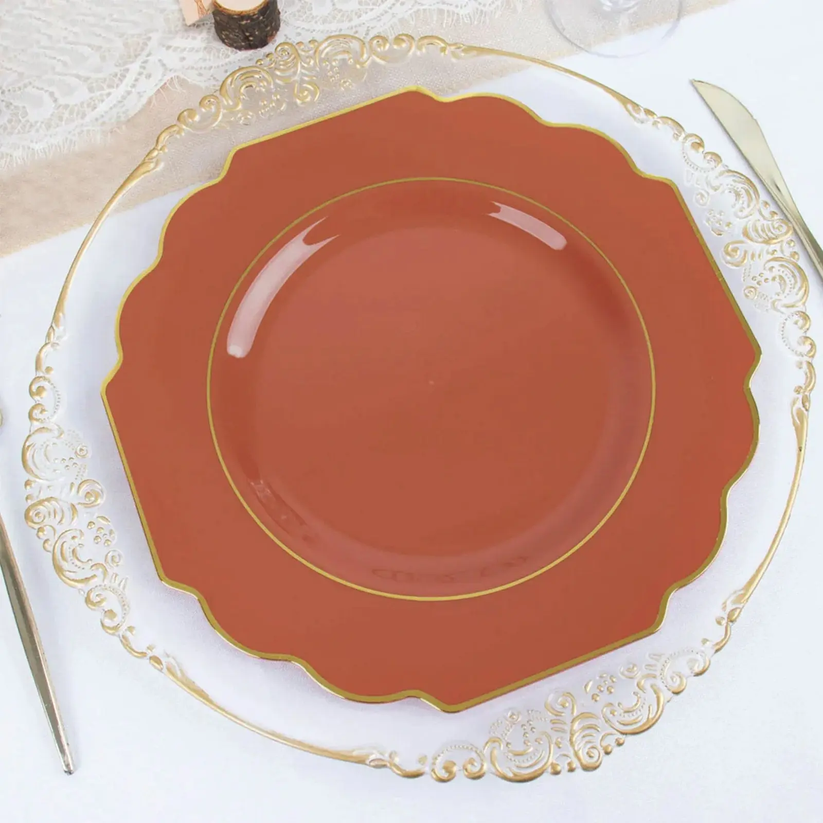 10-Pack Terracotta Rust Floral Baroque Party Plates - 11 in Gold Rim Elegant Plastic Disposable Dinner Plates, Heavy-Duty Hard Plastic Tableware for Wedding, Baby Shower Events