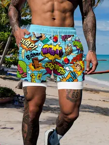 Men's 2-in-1 Pop Art Comic Print Swim Shorts, Quick Dry Compression Liner, Drawstring Waist, Casual Summer Beach Workout Shorts