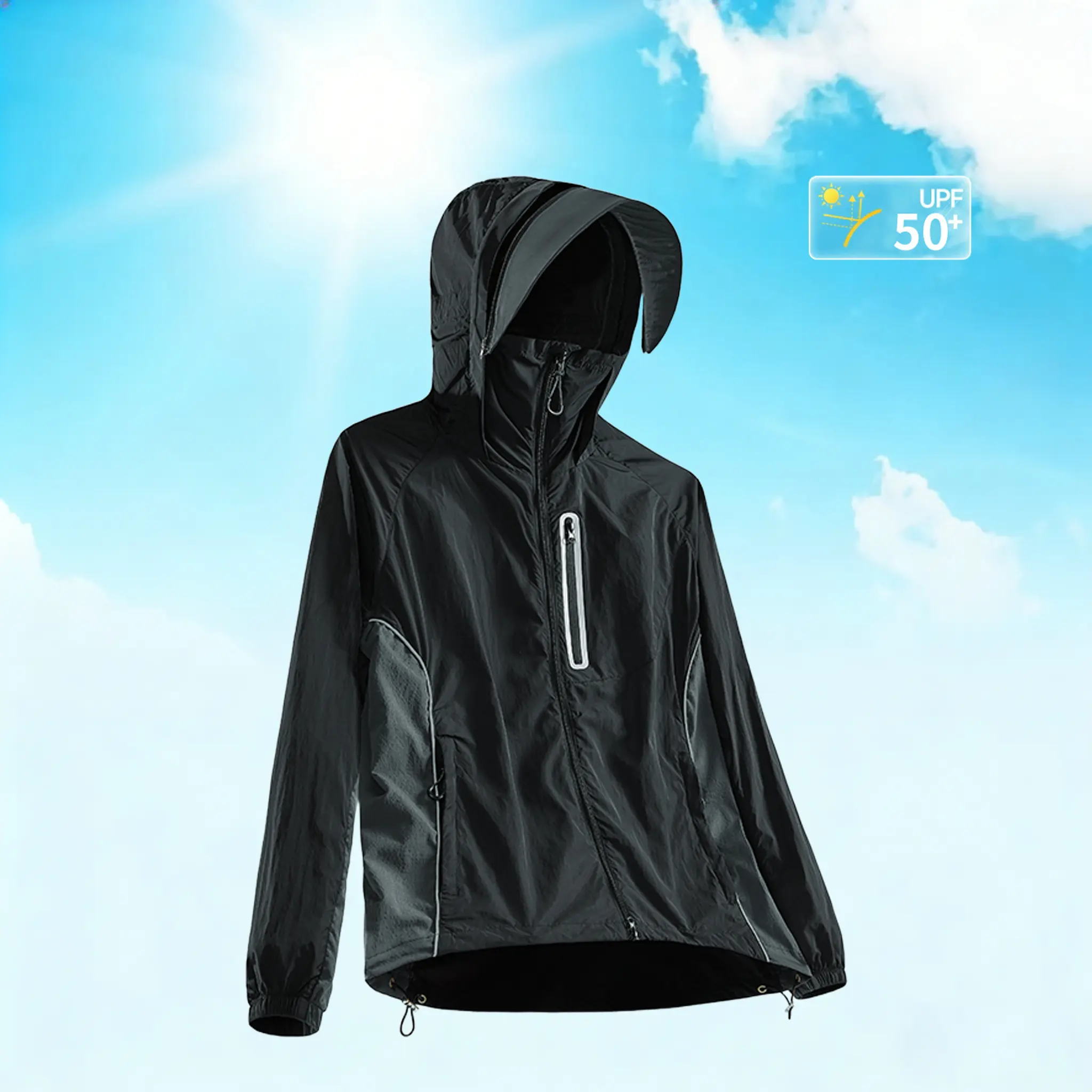 Men’s Sun Protection Jacket, UPF 50+ — Full-zip jacket with UV protection and wind resistance, featuring a detachable sun visor brim; lightweight and breathable, suitable for various outdoor activities