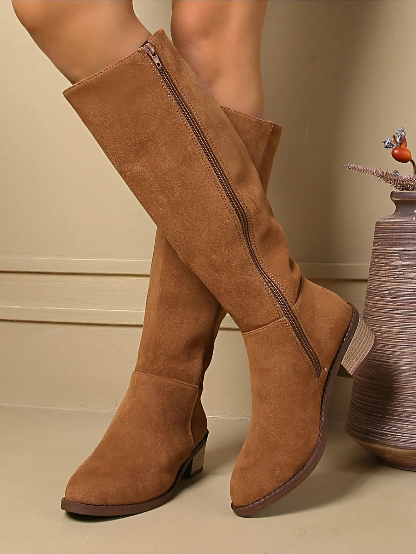 Women's Spring/Autumn Fashion Knee-High Boots/Lightweight and Comfortable Soft Bottom Anti-Slip and Durable Fashion BootsSide Zipper Leather Fabric High-End Women's Boots
