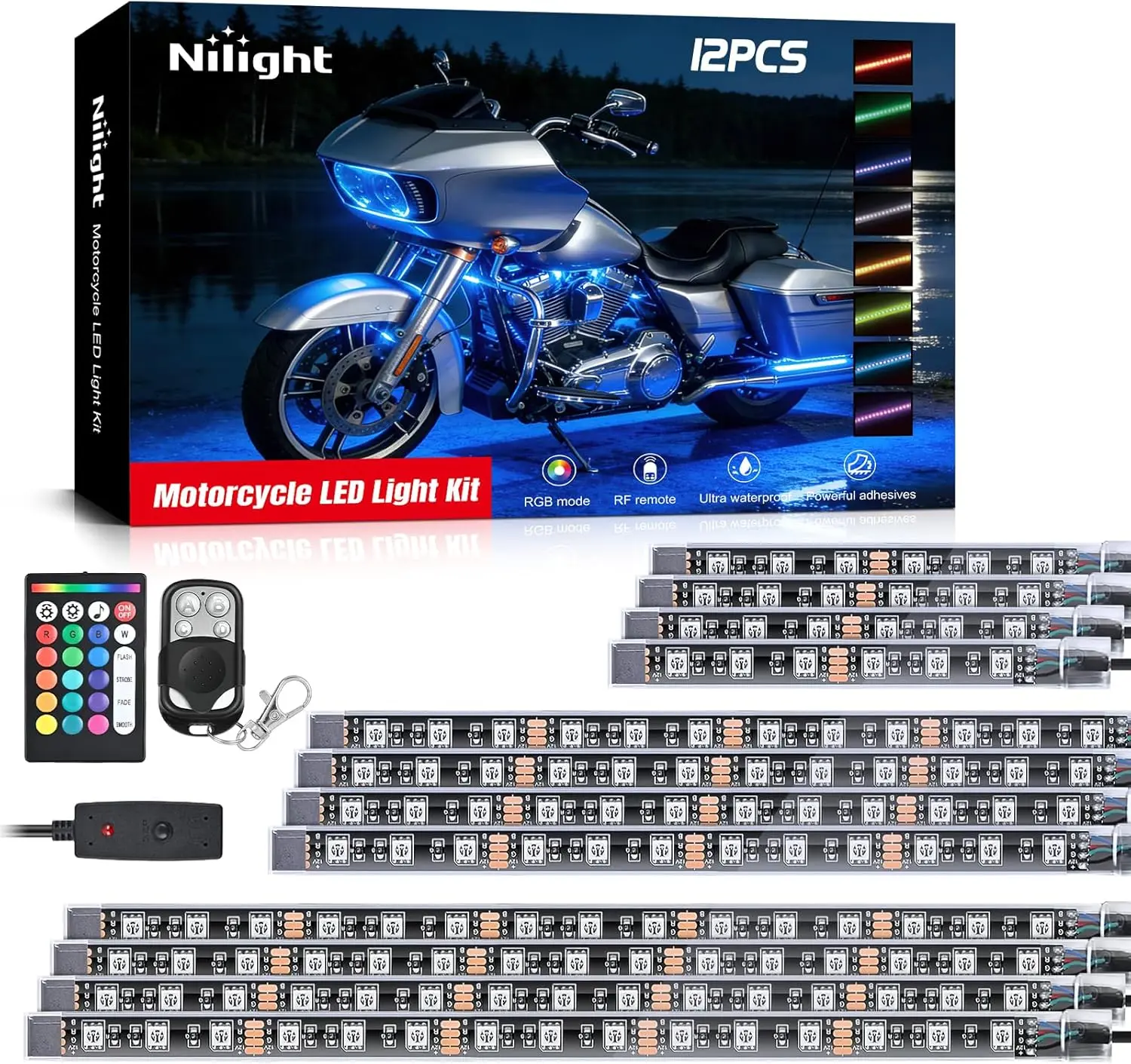 Nilight TL-35 12PCS Waterproof RGB Motorcycle Underglow LED Lights Kit - Dual RF Wireless Remote Controllers, Undercar Work Light Neon Spots & Bars, Fit for Harley Davidson, Dirt Bike, Kawasaki, Trikes, Snowmobile, 2-Year Warranty