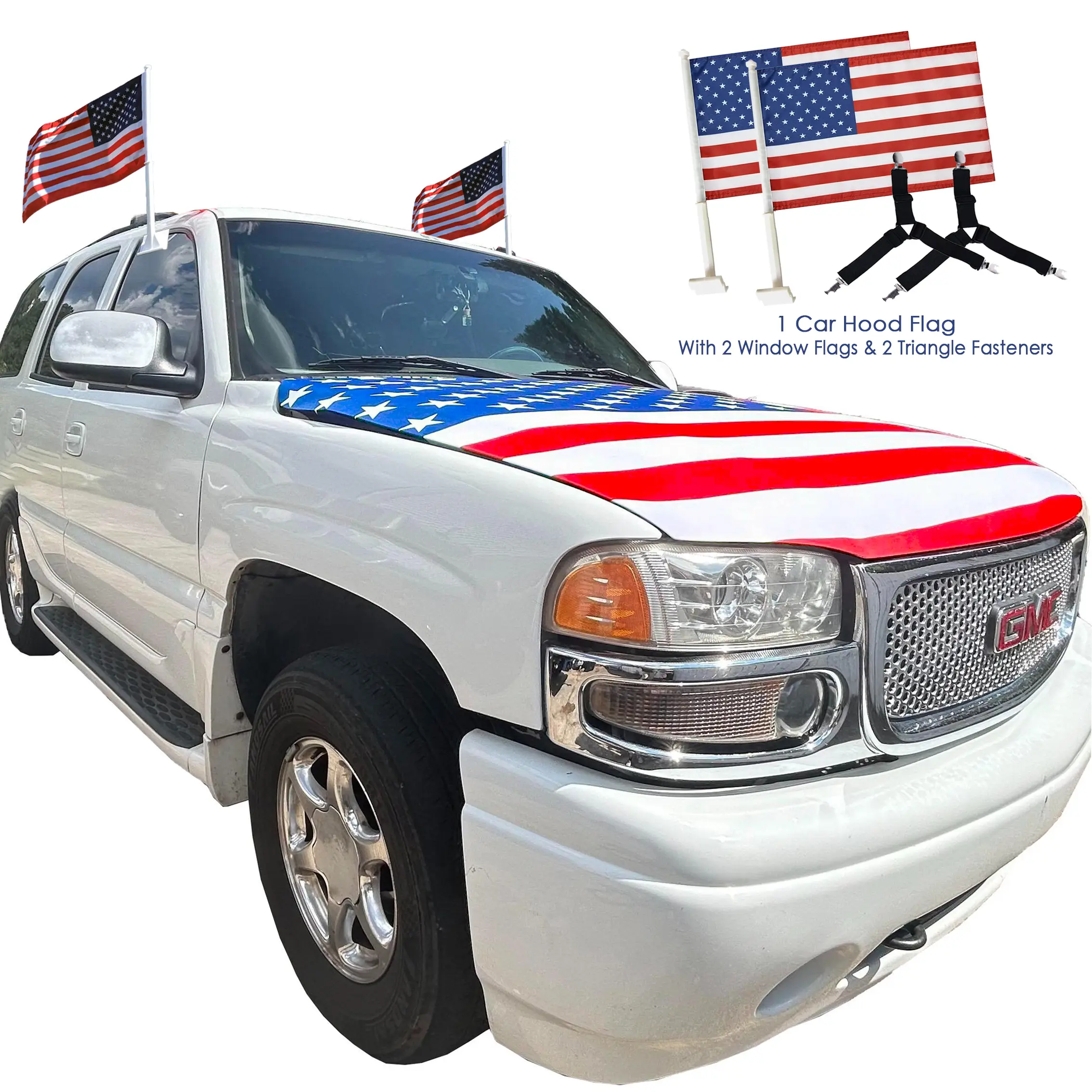 USA Car Flag Set – American Hood Cover (4×5ft), Car Window Flags & Clips | Patriotic Decoration for 4th of July, Christmas, New Year, Parades & Americ