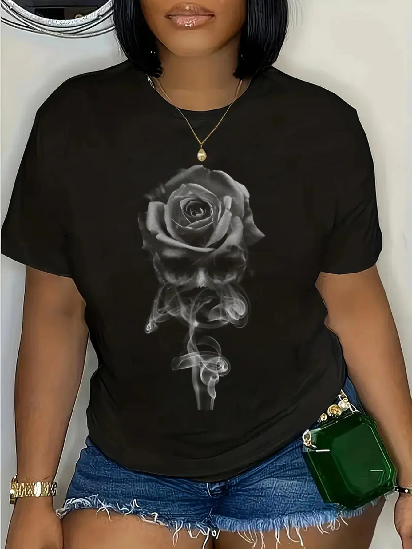 Women's Casual Graphic T-Shirt, Floral Sugar Skull Tattoo Print, Short Sleeve Round Neck 100% Cotton Tee, Shortsleeve, Everyday, Lady, Tops