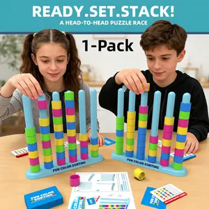 Stacking Game Challenge - A fast color stacking challenge puzzle game Stacking Tower Game suitable for joyful gatherings, children's and family game nights. Includes 1 stacking rack, 50 challenge cards, 40 rings and instructions, fun educational toys