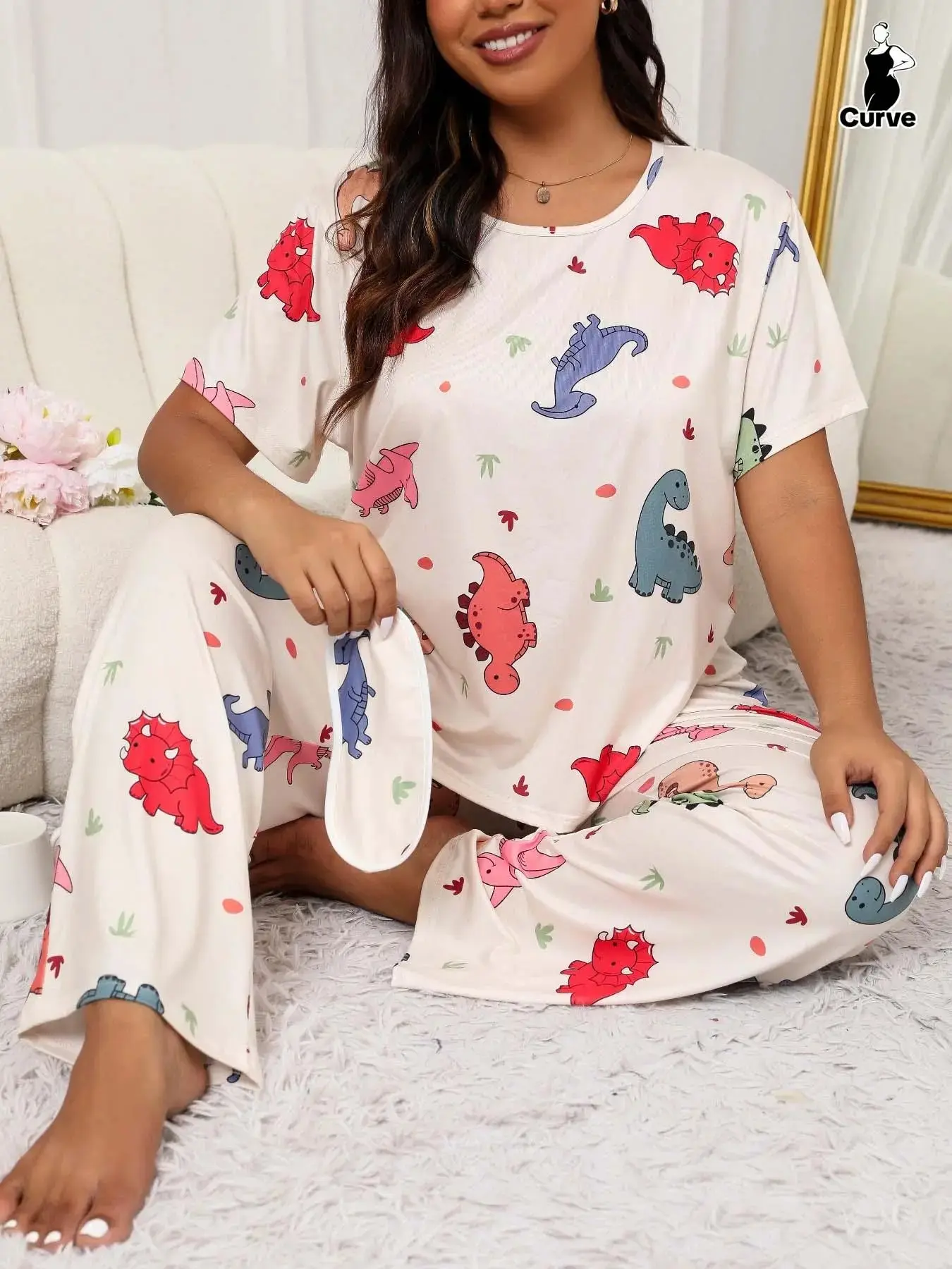 Plus Size Two-Piece Set Cartoon Dinosaur Print Tee & Elastic Pants & Eye Mask Pyjama Set, Casual Short Sleeve T-shirt & Trousers & Eye Cover, Women's Fitted Summer Sleepwear Loungewear Pajamas, Lightweight Sleepwear