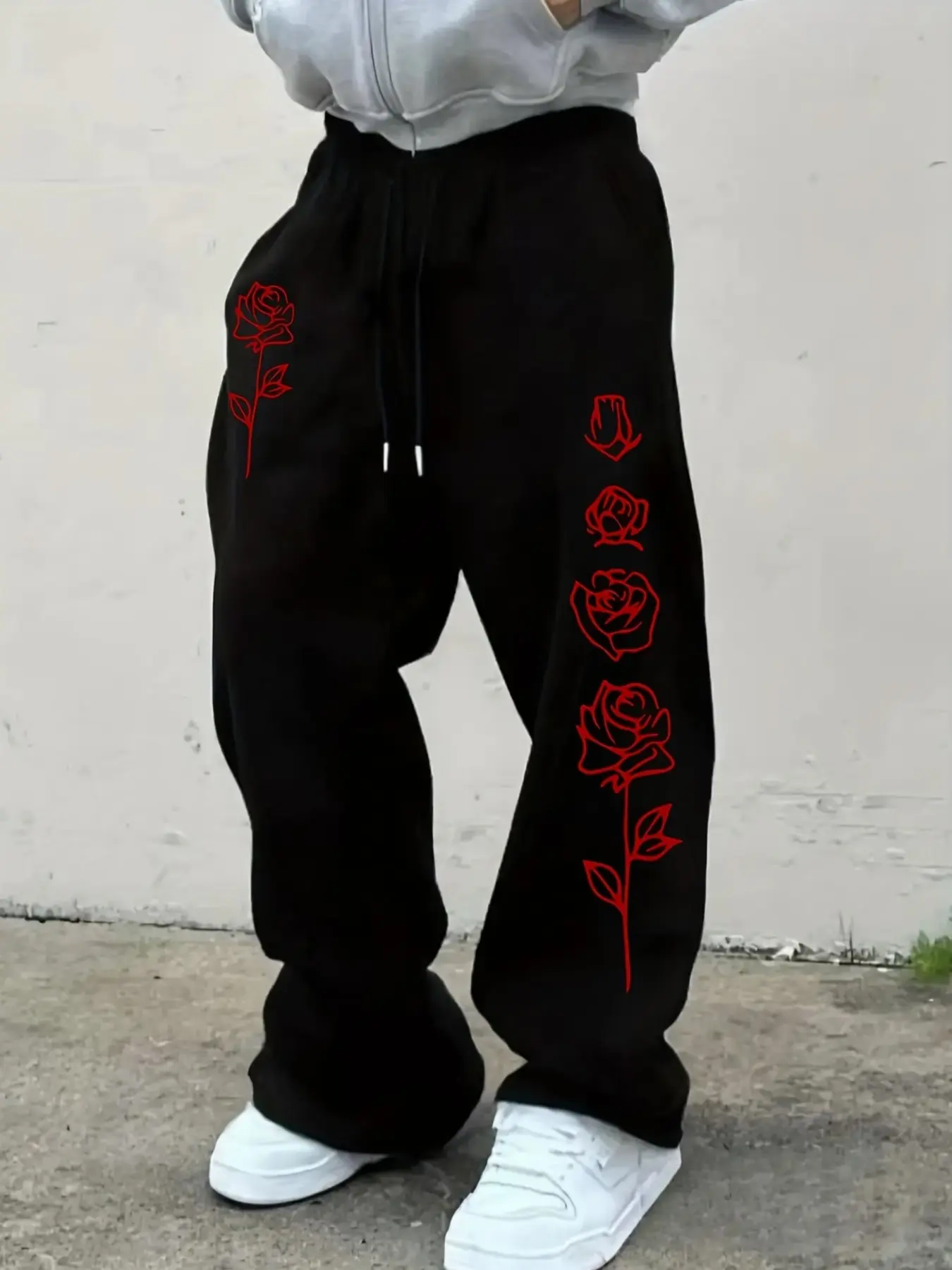 Red Rose Graphic Baggy Sweatpants for Men, Vintage Black Wide Leg Joggers, Emo Grunge Aesthetic Streetwear Fleece Pants with Drawstring, Cozy Warm Casual Trousers for Daily Wear, Gift for Gothic & Indie Fans, Athletic Wear