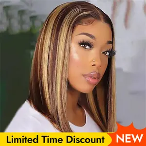 [New In] Wiggins Hair Highlight Straight Bob Wig Glueless 7x4 Lace Closure Wigs Human Hair Ready To Go Wig Honey Blonde Highlights with Brown Hair