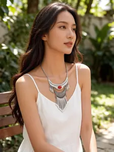 Vintage Bohemian Style Carved Gemstone Teardrop Fringe Alloy Necklace, Women's Fashion Jewelry, Boho Style Jewelry, Elegant Accessory for All Seasons